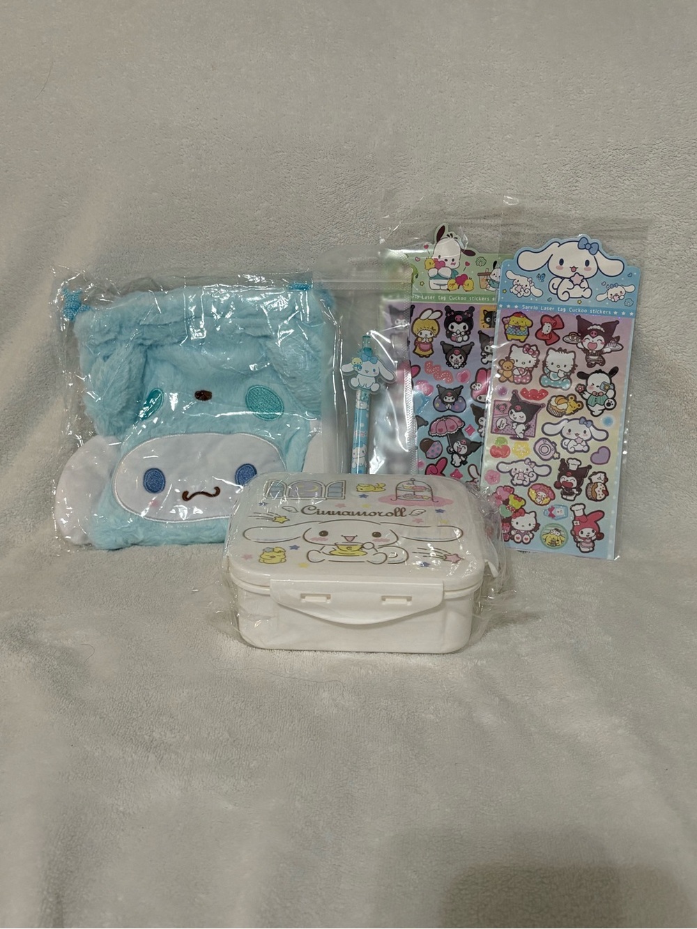 Sanrio Cinnamoroll Bundle #7A - Drawstring Bag, Lunch Container, Stickers, Pen
